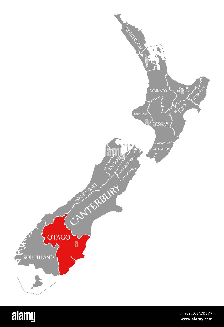 Otago evidenziata in rosso nella mappa di Nuova Zelanda Foto Stock