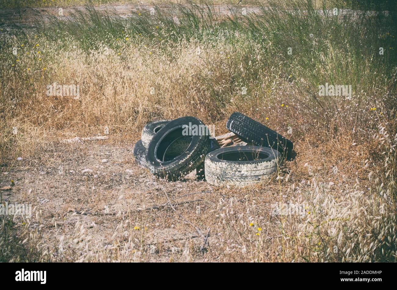 Cinque utilizzati pneumatici per auto oggetto di dumping nell'erba in un area abbandonata nell'area del resort (Rhodes, Grecia) Foto Stock