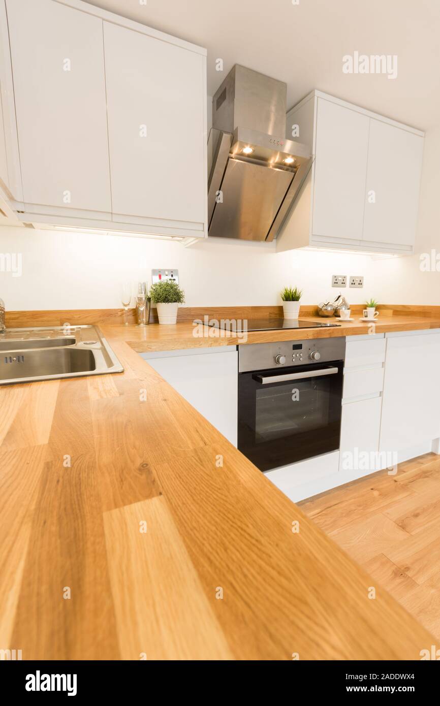Una cucina moderna con ripiani in legno, armadi e cucina elettrodomestici Foto Stock