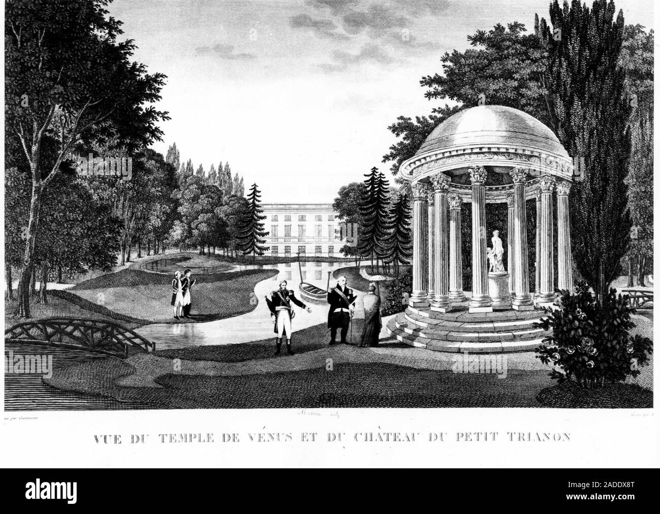 Vue du temple de Venus et du Chateau du Petit Trianon a Versailles - dessin de Courvoisier (, 1827. Foto Stock