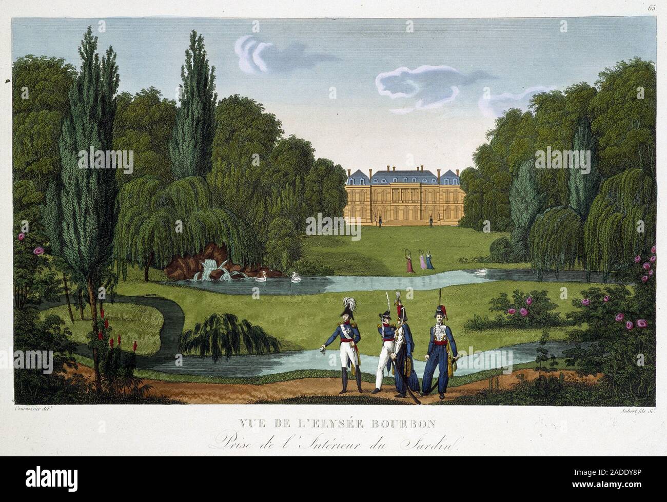 Vue du Palais de l'Elysee-Bourbon (Elysee Borbone) et des jardins. Il rotocalco de Courvoisier ( de 1815-1820 In 'Vues de Paris", 1827. Parigi, Arts Decoratif Foto Stock