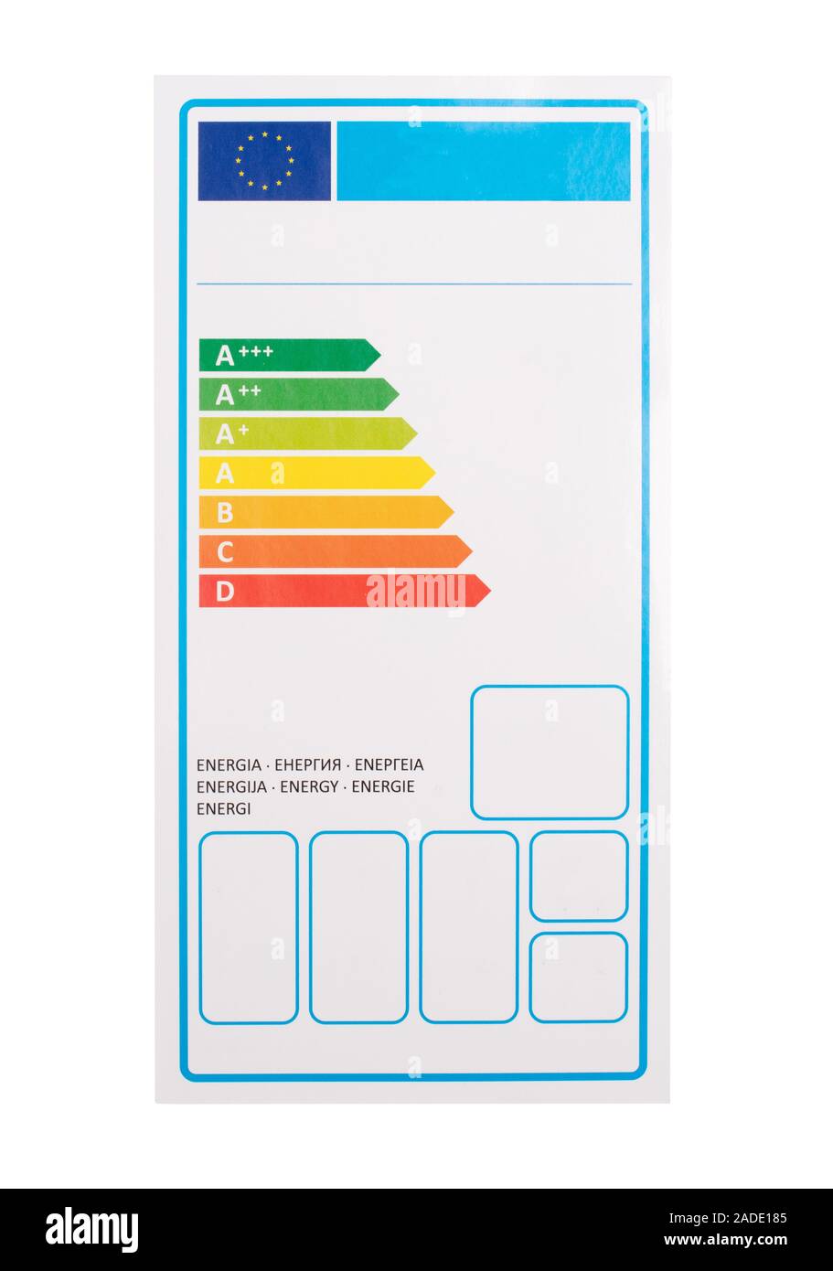 Etichetta energetica adesivo, efficienza nominale, isolato su bianco Foto Stock