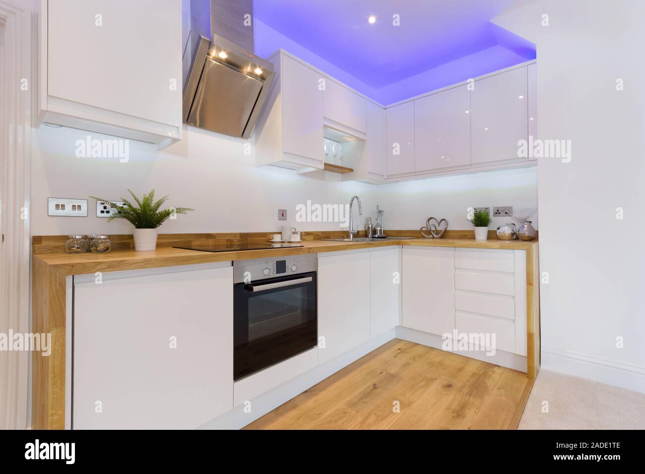 Una cucina moderna ed elegante con ripiani in legno e armadietti elettrodomestici da cucina e illuminazione d'atmosfera Foto Stock
