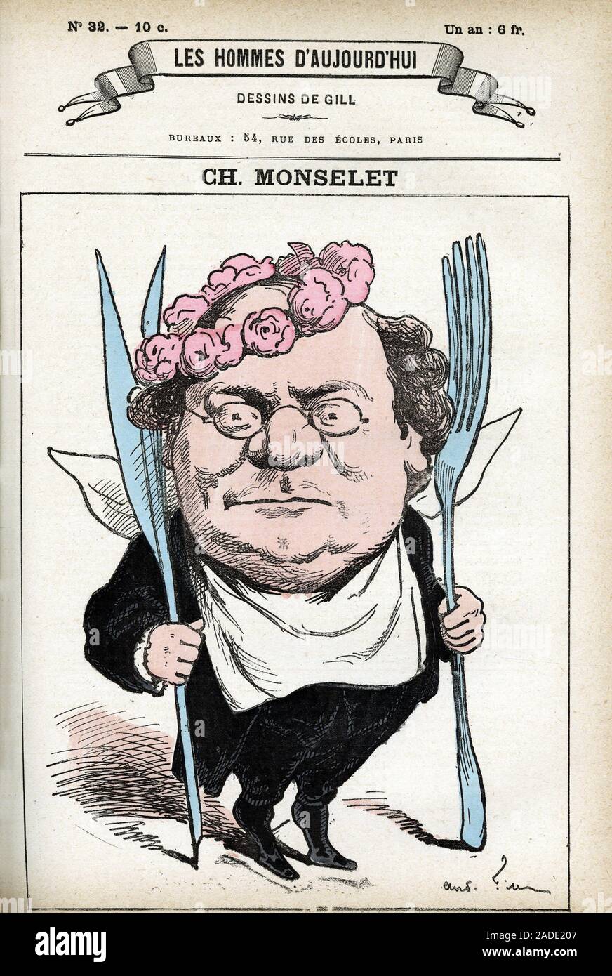 Portrait de Charles Monselet (1825-1888), poete, journaliste, romancier et gastronomo francais. La caricatura de Gill, in 'Les Homme d'Aujourd'hui", Par Foto Stock