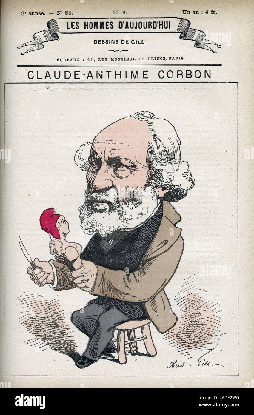 Portrait de Claude Corbon Anthime (1808-1891), senateur francais. La caricatura de Gill in 'les hommes d'aujourd'hui". Foto Stock