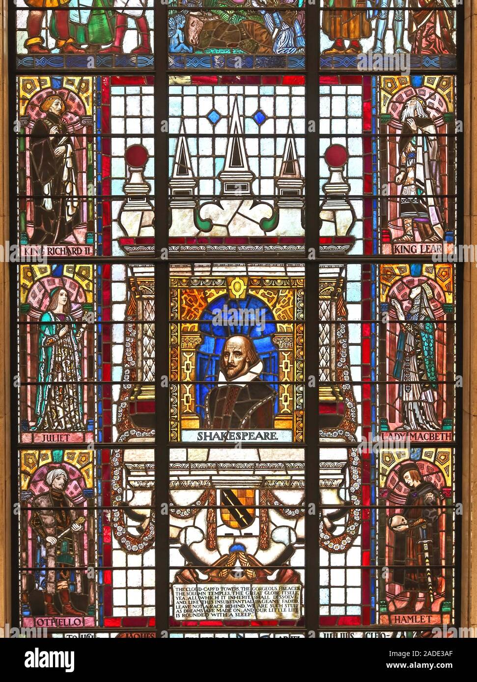 Biblioteca centrale di Manchester, Shakespeare gioca vetrate, centro città, Inghilterra nord-occidentale, Regno Unito Foto Stock