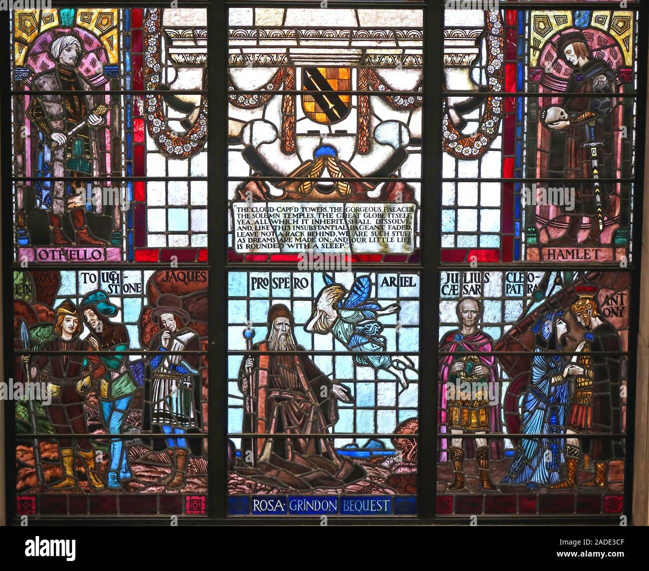 Biblioteca centrale di Manchester, Shakespeare gioca vetrate, centro città, Inghilterra nord-occidentale, Regno Unito, Otello, Hamlet, AS Ti piace Foto Stock