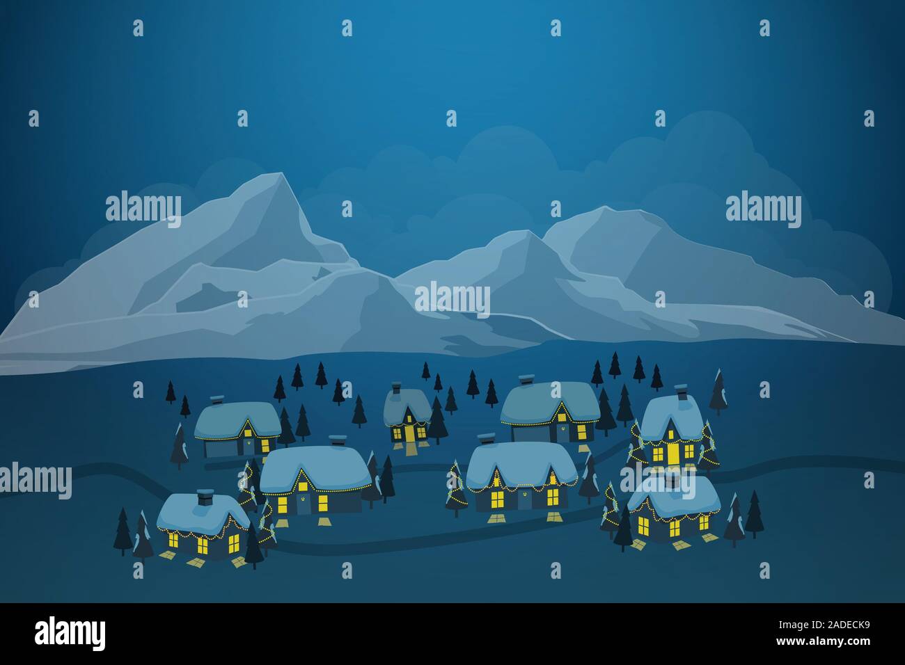 Illustrazione vettoriale della città vecchia di villaggio con la neve sul tetto e iceberg a sfondo nella stagione invernale Illustrazione Vettoriale