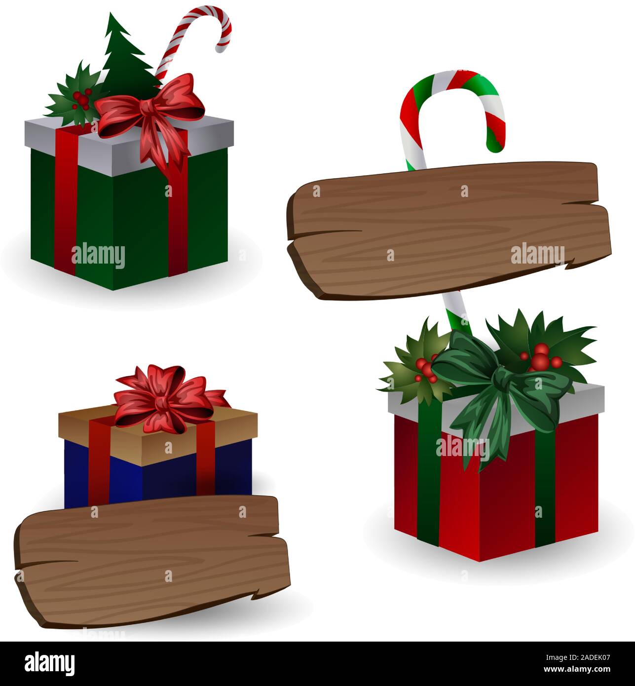 Set di festosa composizione con albero di Natale si dirama in una borsa regalo e scatole con archetti su uno sfondo bianco. Illustrazione Vettoriale