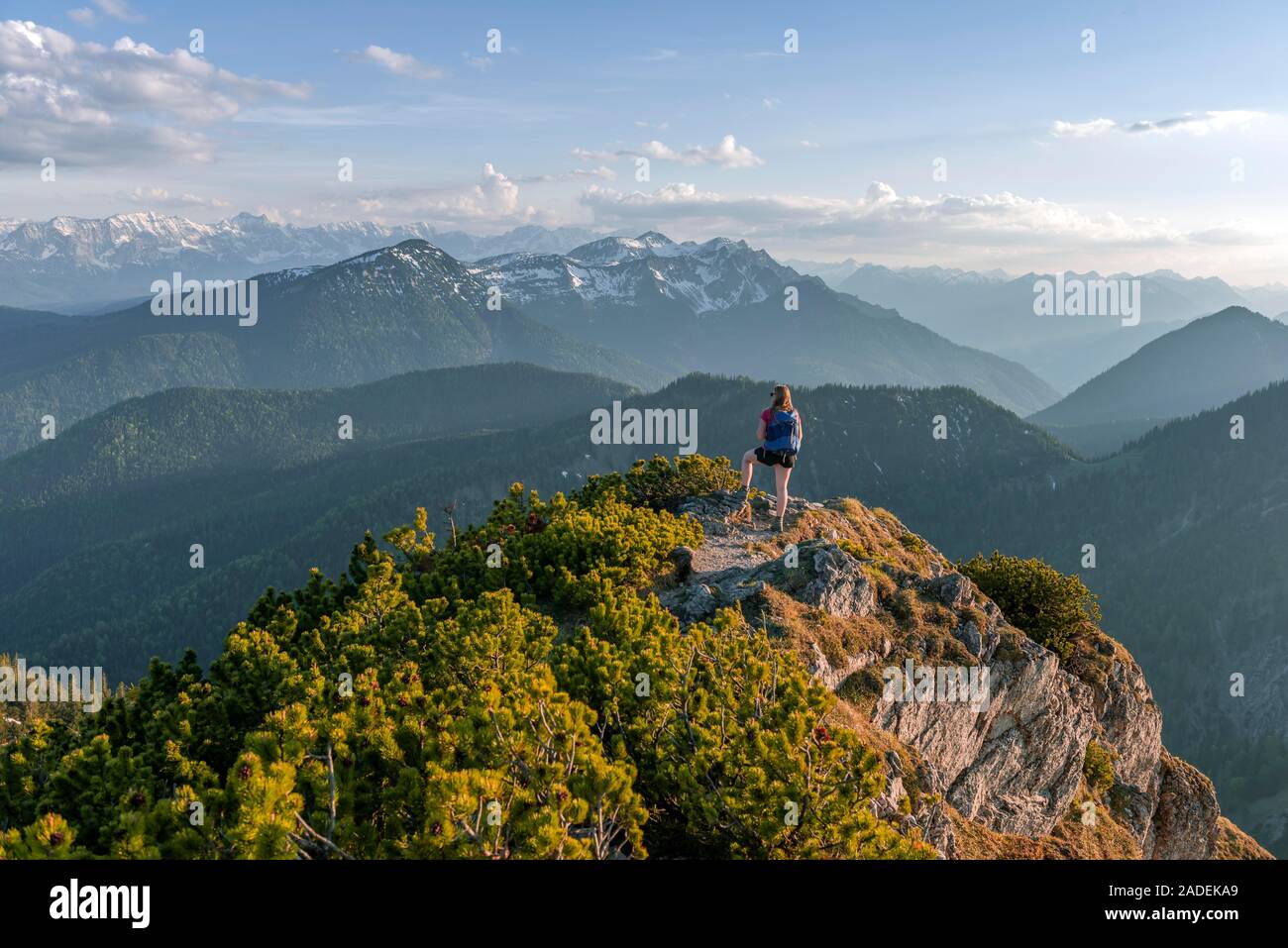 Escursionista si affaccia sul paesaggio di montagna, sentiero escursionistico del Herzogstand Heimgarten crossing, Alta Baviera, Baviera, Germania Foto Stock