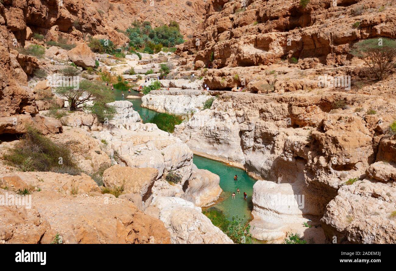 Piscina con acqua dolce tra scogliere frastagliate, Wadi Fusc, Shamal distretto di cenere Sharqiyya, Sultanato di Oman Foto Stock