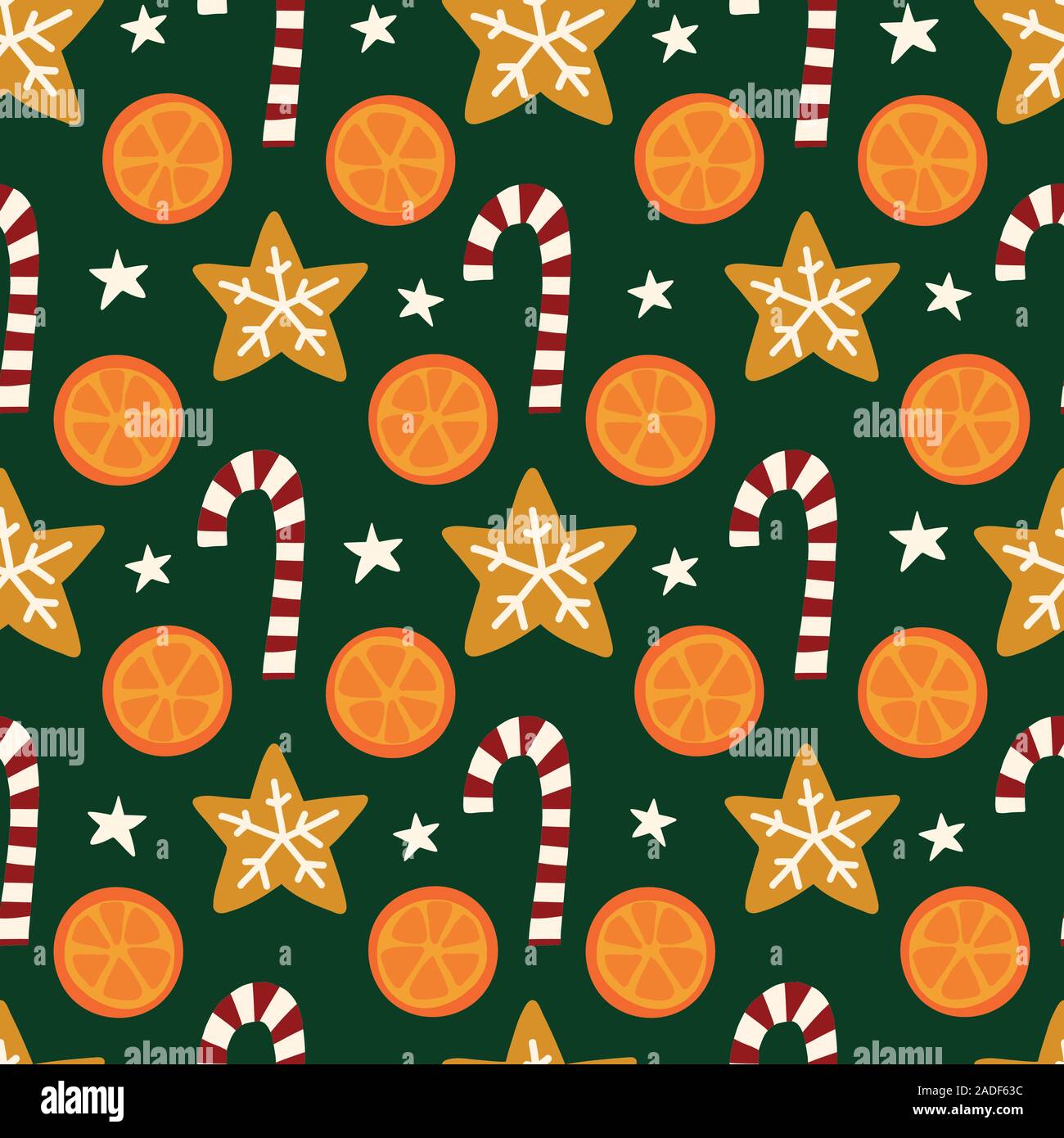 Arance, cookie, candy canes seamless vector pattern di Natale. Inverno spezie ripetendo lo sfondo. Disegnata a mano oggetti isolati su sfondo verde Illustrazione Vettoriale