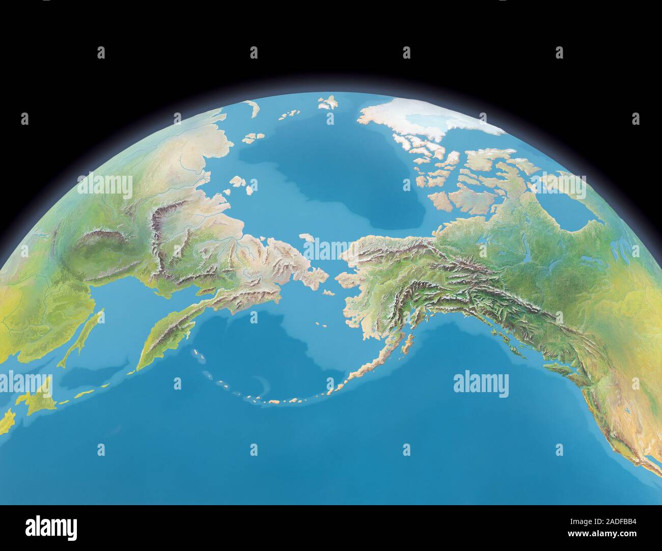 Lo stretto di Bering, opere d'arte. Lo stretto di Bering (centro) è un canale di acqua che separa la Siberia, Russia, (sinistra) dall Alaska Usa (a destra). Al di sopra del s Foto Stock