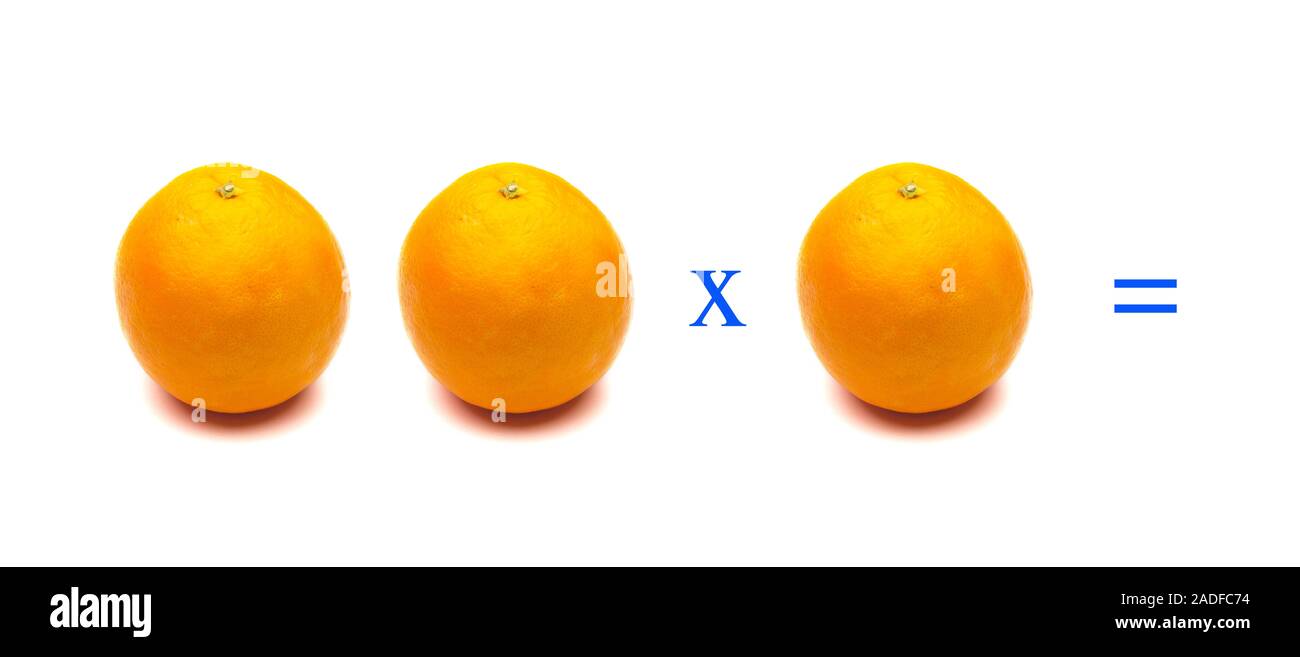 Operazioni matematiche con arance; arancione molto sano frutta ricca di vitamina C; semplici problemi di moltiplicazione, Foto Stock