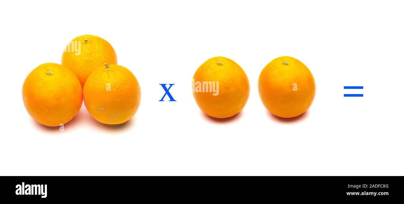 Operazioni matematiche con arance; arancione molto sano frutta ricca di vitamina C; semplici problemi di moltiplicazione, Foto Stock