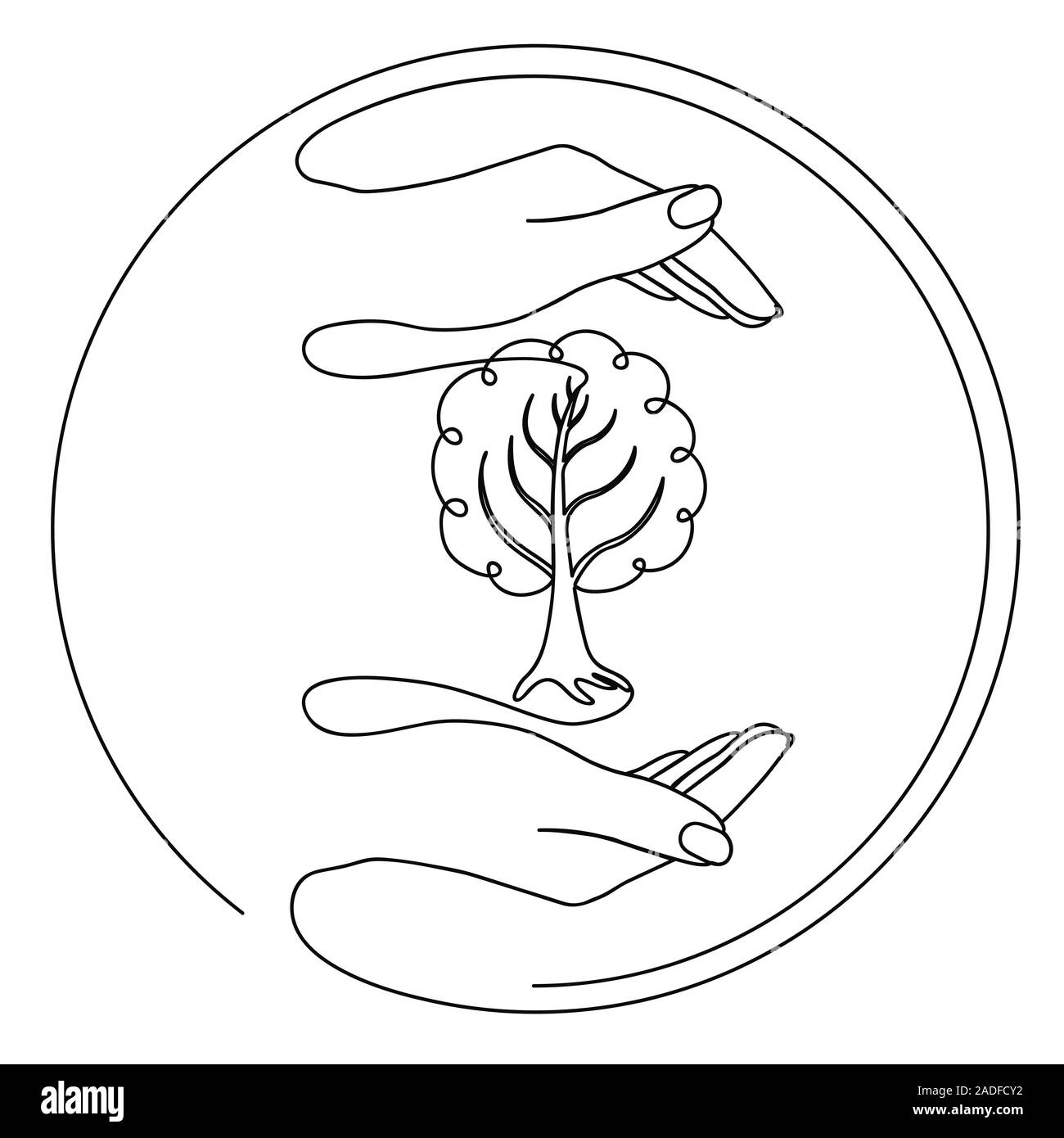 Proteggere le mani di un albero. Te il logo è trascinato in una linea, isolato su uno sfondo bianco. Stock illustrazione vettoriale Illustrazione Vettoriale