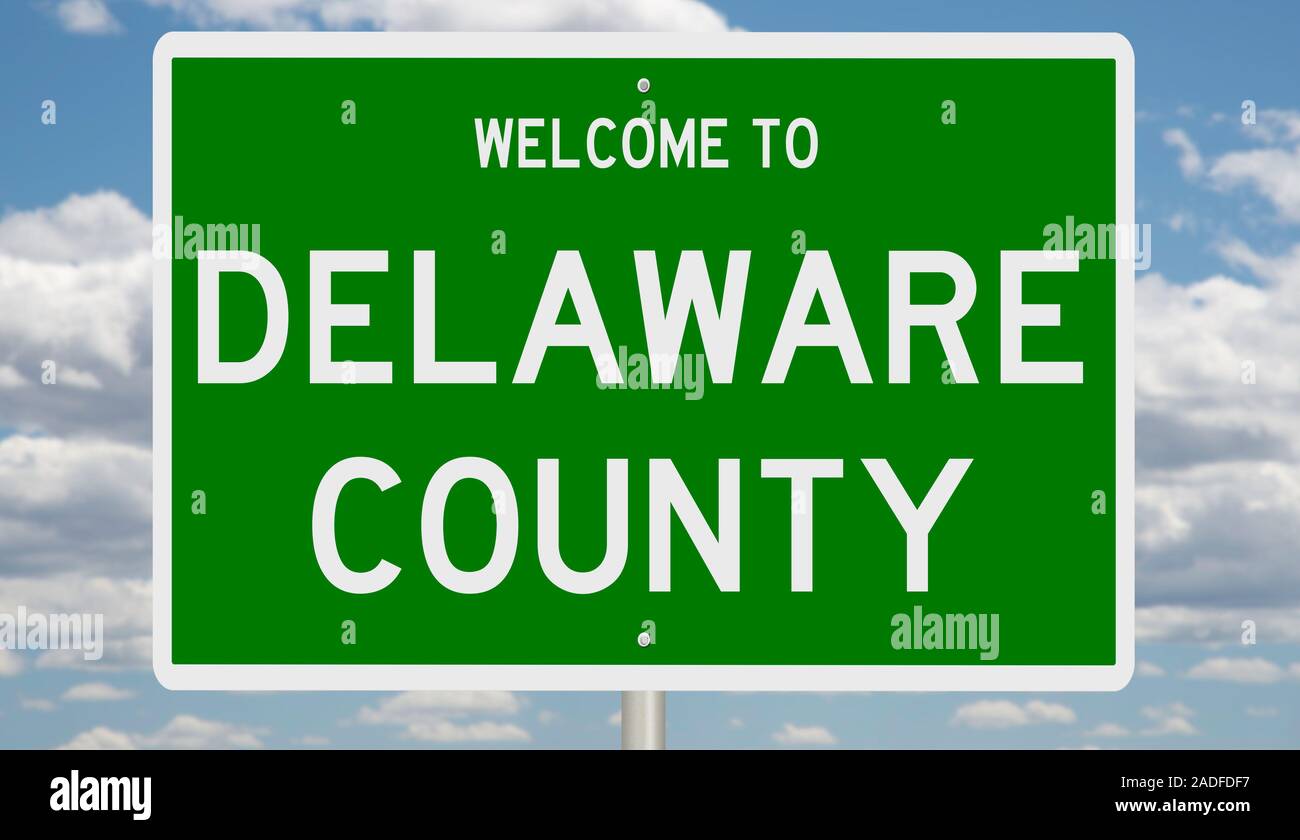 Il rendering di un 3d green autostrada segno per Delaware County Foto Stock
