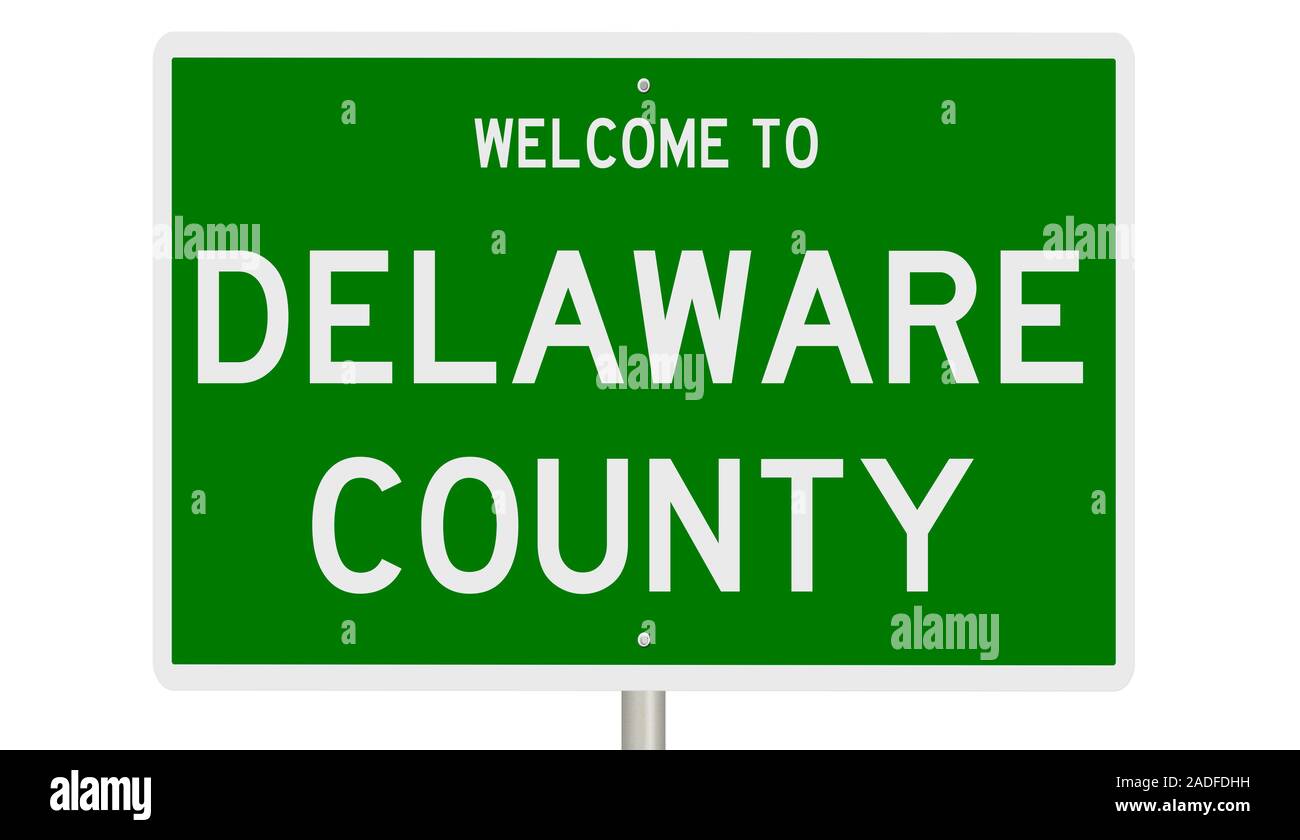 Il rendering di un 3d green autostrada segno per Delaware County Foto Stock