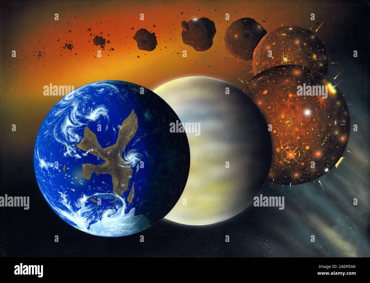 La formazione della Terra. Sequenza di illustrazioni che mostrano le fasi di  formazione della Terra. In alto a sinistra, piccoli frammenti di roccia e  polvere rifornito un Foto stock - Alamy