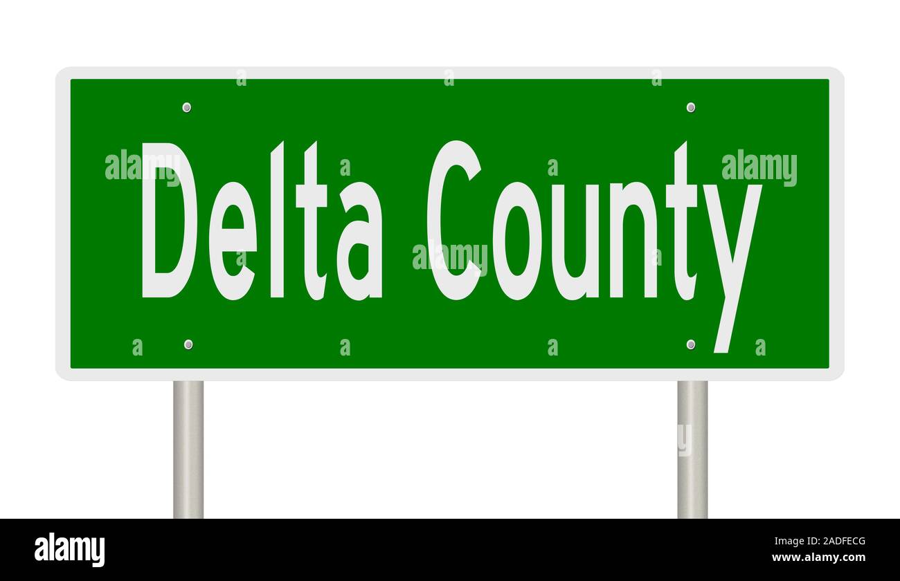 Il rendering di un 3d green autostrada segno per la contea di Delta Foto Stock