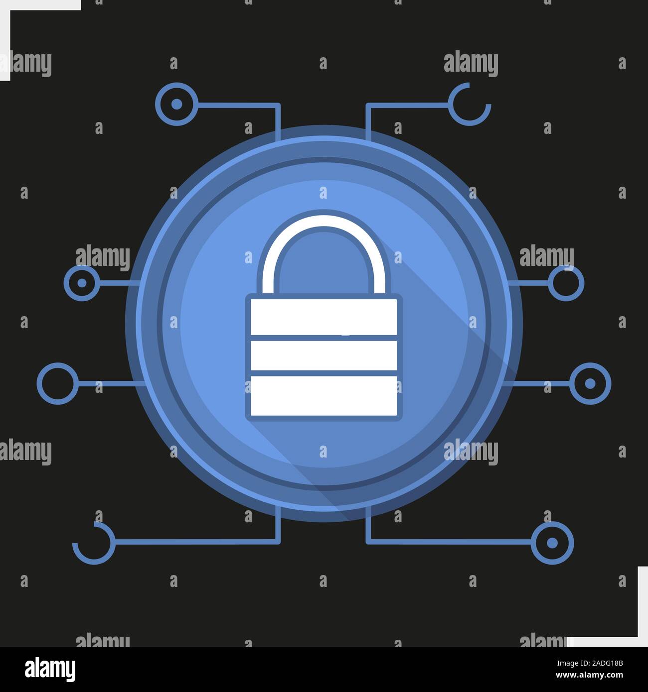 Bloccare il design piatto lungo ombra icona. Cyber security. Il lucchetto chiuso nel microchip pathways. Vettore simbolo silhouette Illustrazione Vettoriale