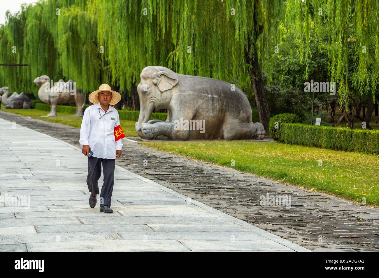 La Via Sacra, è la strada principale che conduce a tutte le tombe delle tombe imperiali del Ming e le dinastie di Qing con sculture in pietra, Pechino, Cina Foto Stock