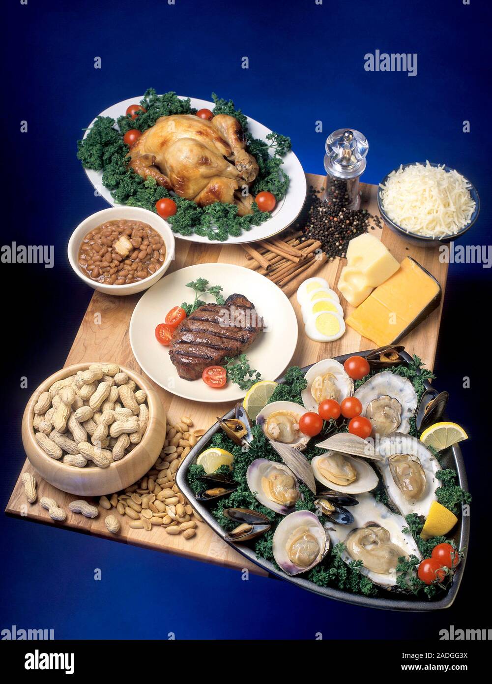 Gli alimenti ricchi di zinco. Pollo, uova, ostriche, carni bovine, fagioli e  arachidi sono tutti di