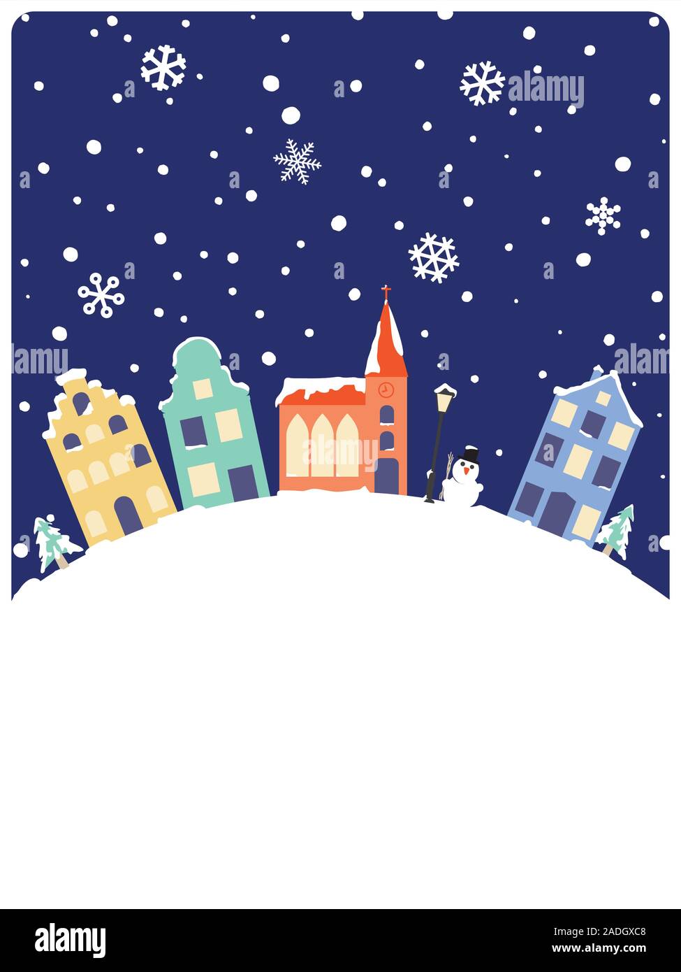 Illustrazione Vettoriale di case a schiera e chiesa sulla coperta di neve hill , copia dello spazio sottostante. Vacanze invernali illustrazione vettoriale Illustrazione Vettoriale