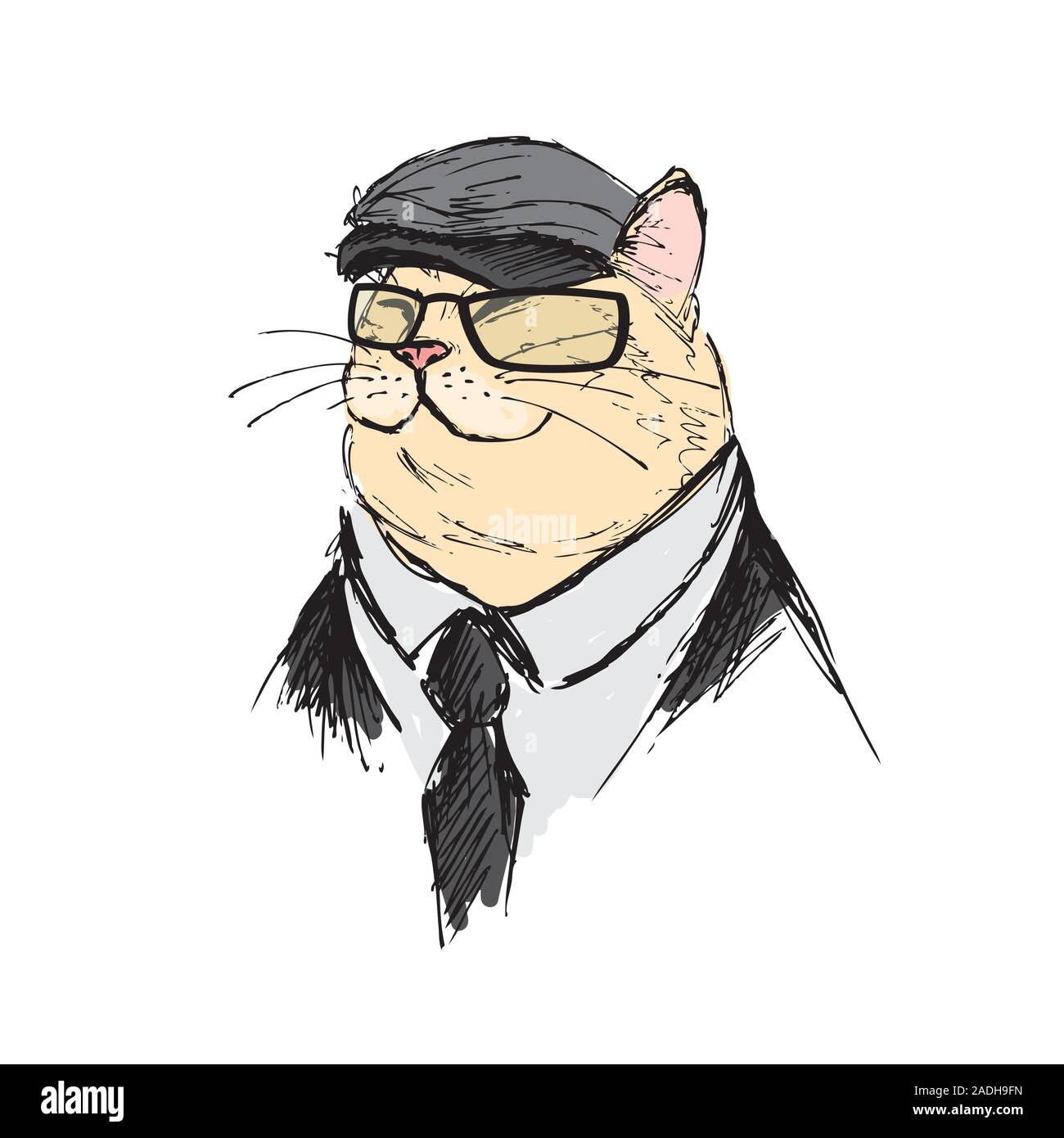 Moda gatto con gli occhiali,hat e tuta,isolati su sfondo bianco,disegnato a mano illustrazione vettoriale Illustrazione Vettoriale