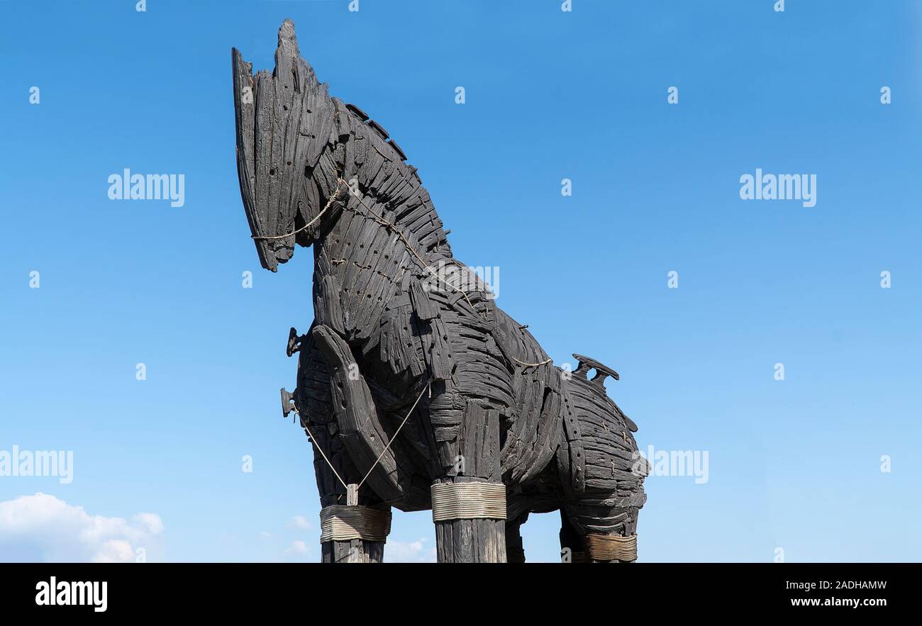 Cavallo di Troia a Canakkale. Cavallo di legno è da Troy movie e fu donata alla città di Canakkale. Foto Stock