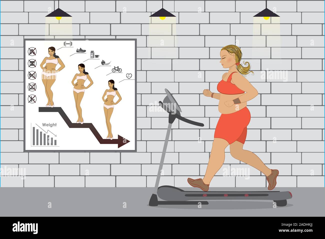 Fat girl su un tapis roulant e il poster sulla parete,fitness club,cartoon illustrazione vettoriale Illustrazione Vettoriale
