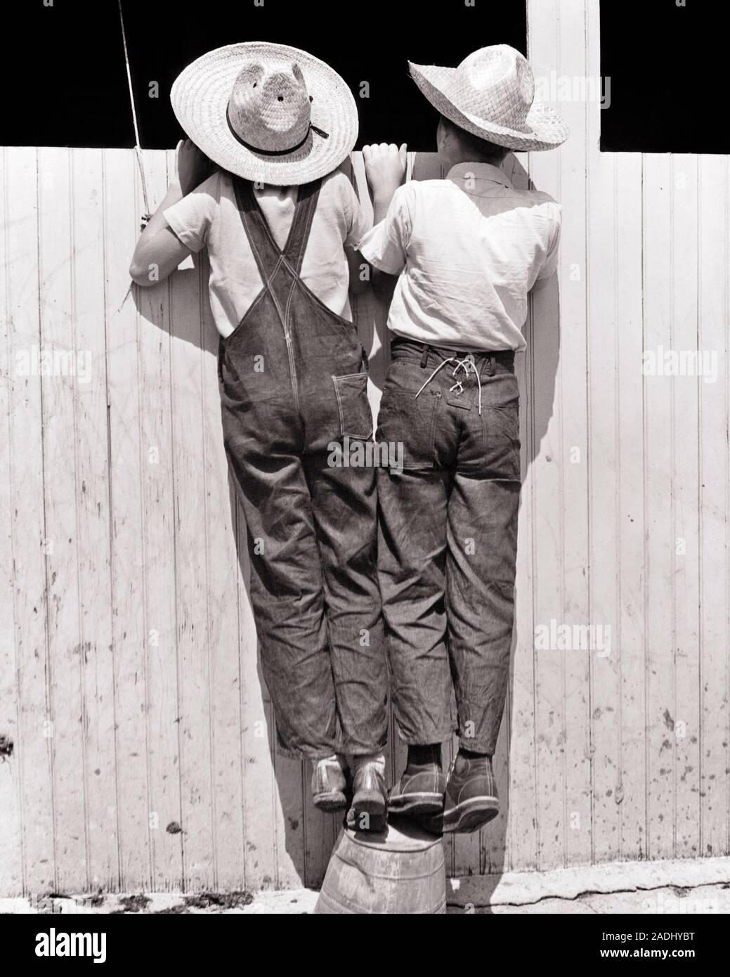 1930s 1940s vista posteriore del ragazzo e una ragazza JEANS BLU FATTORIA DI PAGLIA CAPPELLI PERMANENTE SULLA TIPTOES SULLA BENNA guardando oltre il recinto del granaio - f1558 HAR001 HARS TEAMWORK INFORMAZIONI MISTERO DI GIOIA LIFESTYLE FEMMINE FRATELLI FIENILE CASA RURALE VITA spazio copia amicizia a tutta lunghezza tute maschi di intrattenimento di rischio fratelli sorelle AGRICOLTURA B&W obiettivi stabili Adventure discovery strategia di svago e divertimento conoscenza basso angolo vista posteriore di sulle opportunità di pari livello concettuale di connessione da dietro il curioso rovesciato VISTA POSTERIORE BLUE JEANS crescita cooperazione novellame pre-teen pre-teen BOY PRE-TEEN GIRL TIPTOES Foto Stock
