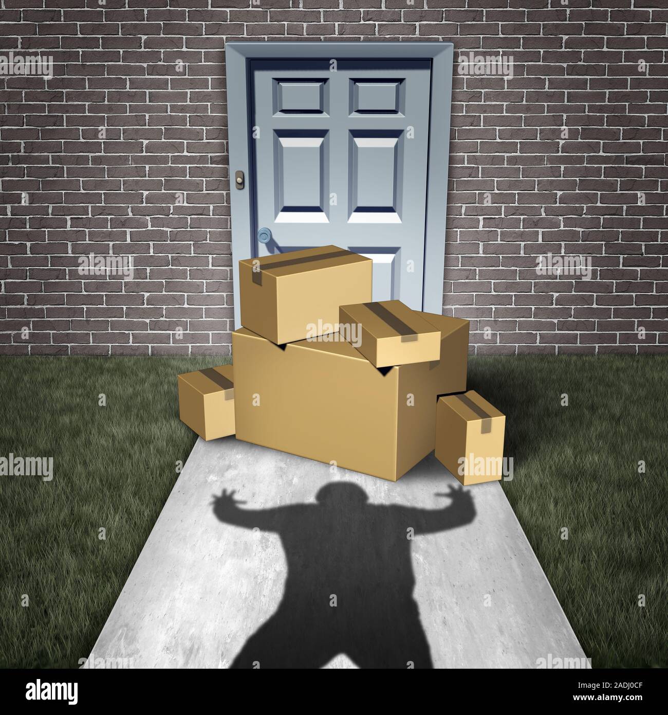 Il furto del pacchetto e portico pirate ladro rubare i pacchetti da un home consegnato ad una portiera anteriore come un ladro derubandoli di scatole da una porta. Foto Stock