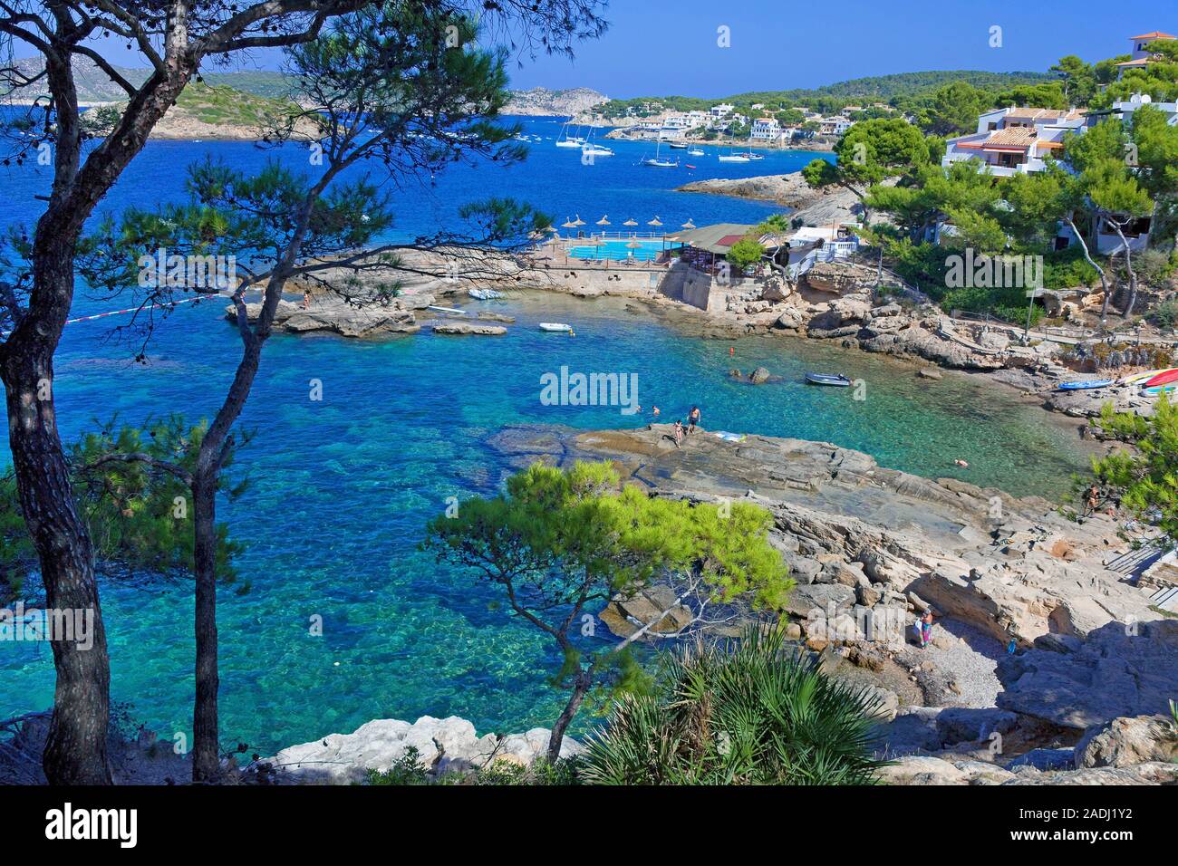 La balneazione rocciosa baia con acqua cristallina a San Telmo, Maiorca, isole Baleari, Spagna Foto Stock