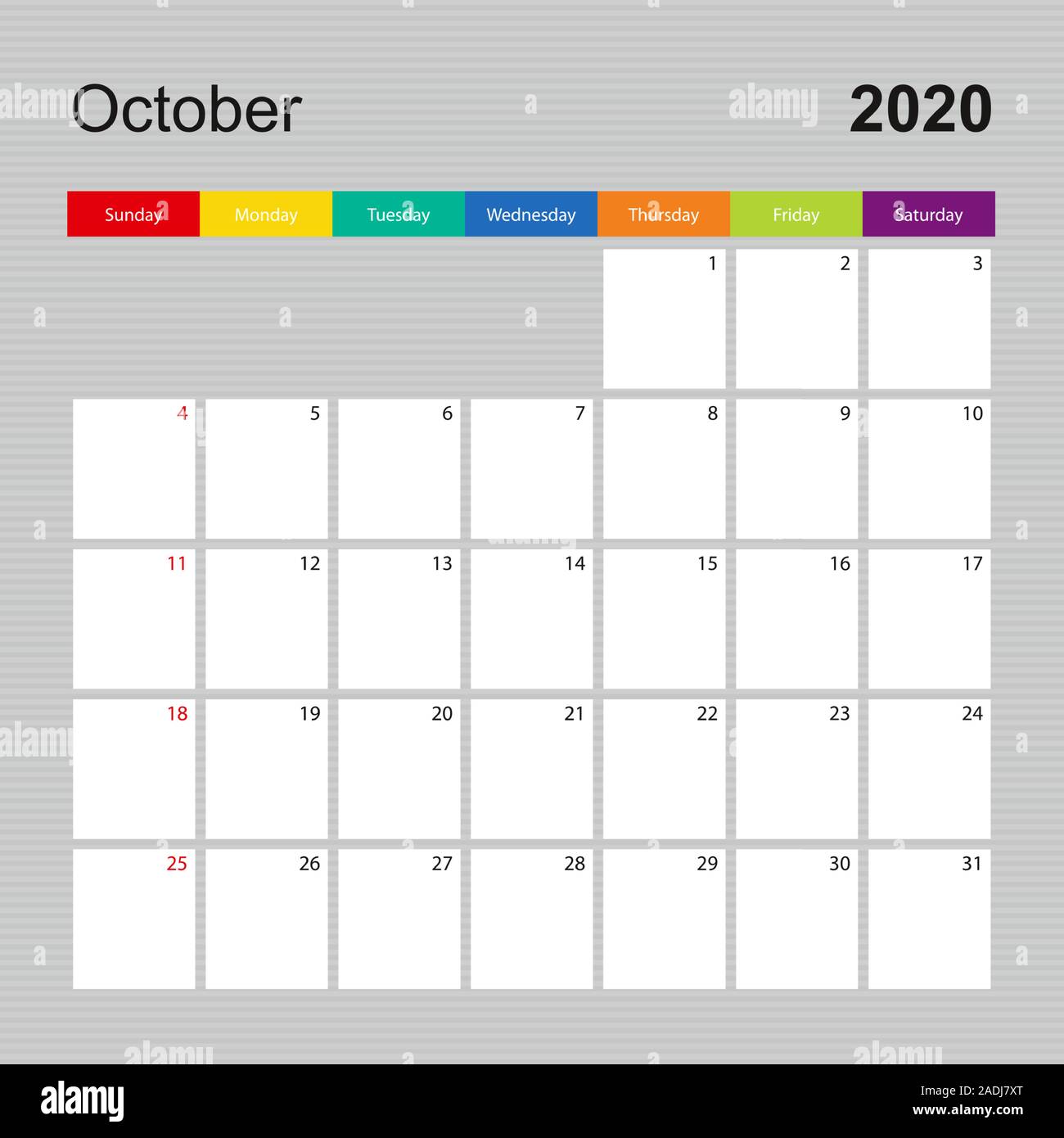 Pagina Сalendar per ottobre 2020, parete planner con design colorato. Settimana comincia la domenica. Vettore modello di calendario. Illustrazione Vettoriale