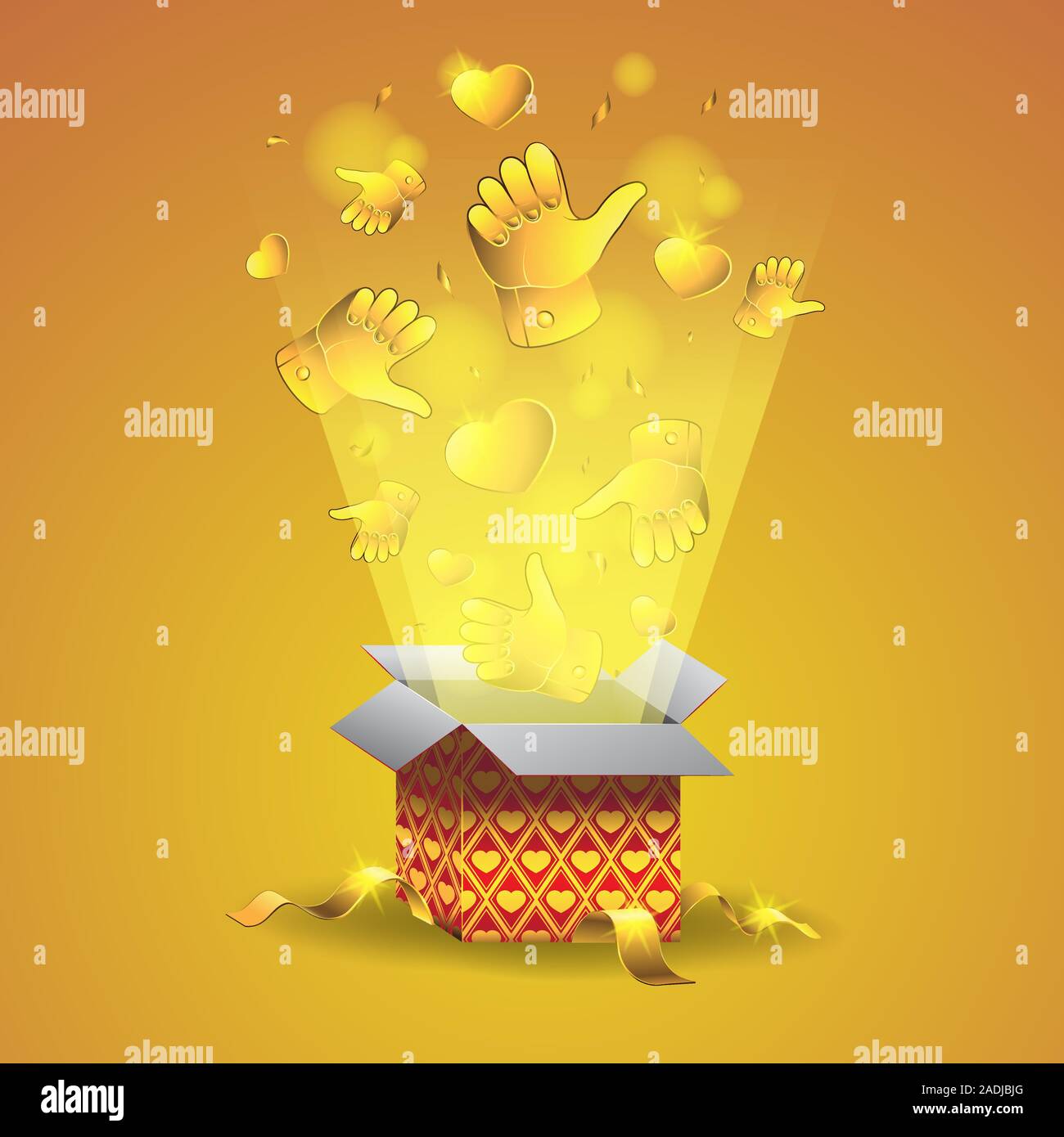 Confezione regalo con il pollice in alto e di cuore i confetti oro brillante su sfondo isolato. Immagine vettoriale. Illustrazione Vettoriale