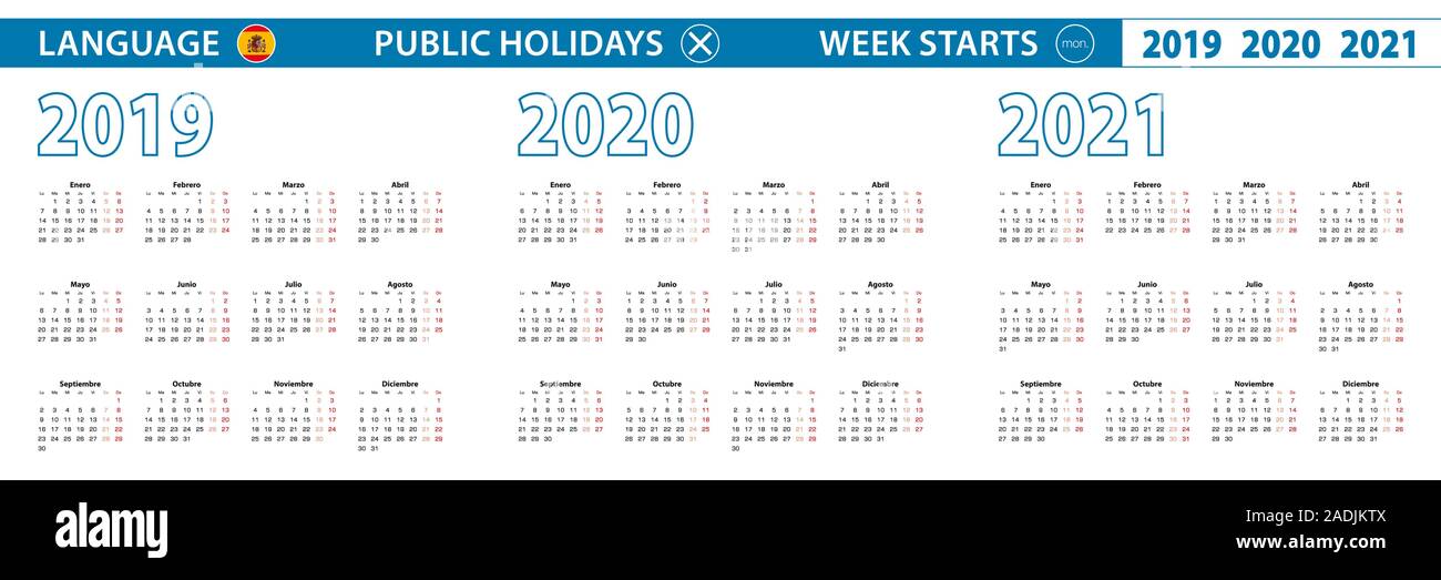 Semplice modello di calendario in spagnolo per 2019, 2020, 2021 anni. Inizia settimana da Lunedì. Illustrazione Vettoriale. Illustrazione Vettoriale