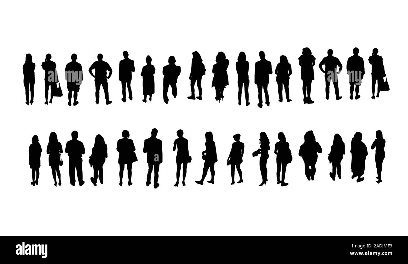 Sagome di persone differenti isolati su sfondo bianco. Le persone in piedi in due righe. Silhouette nera di uomini e donne Foto Stock