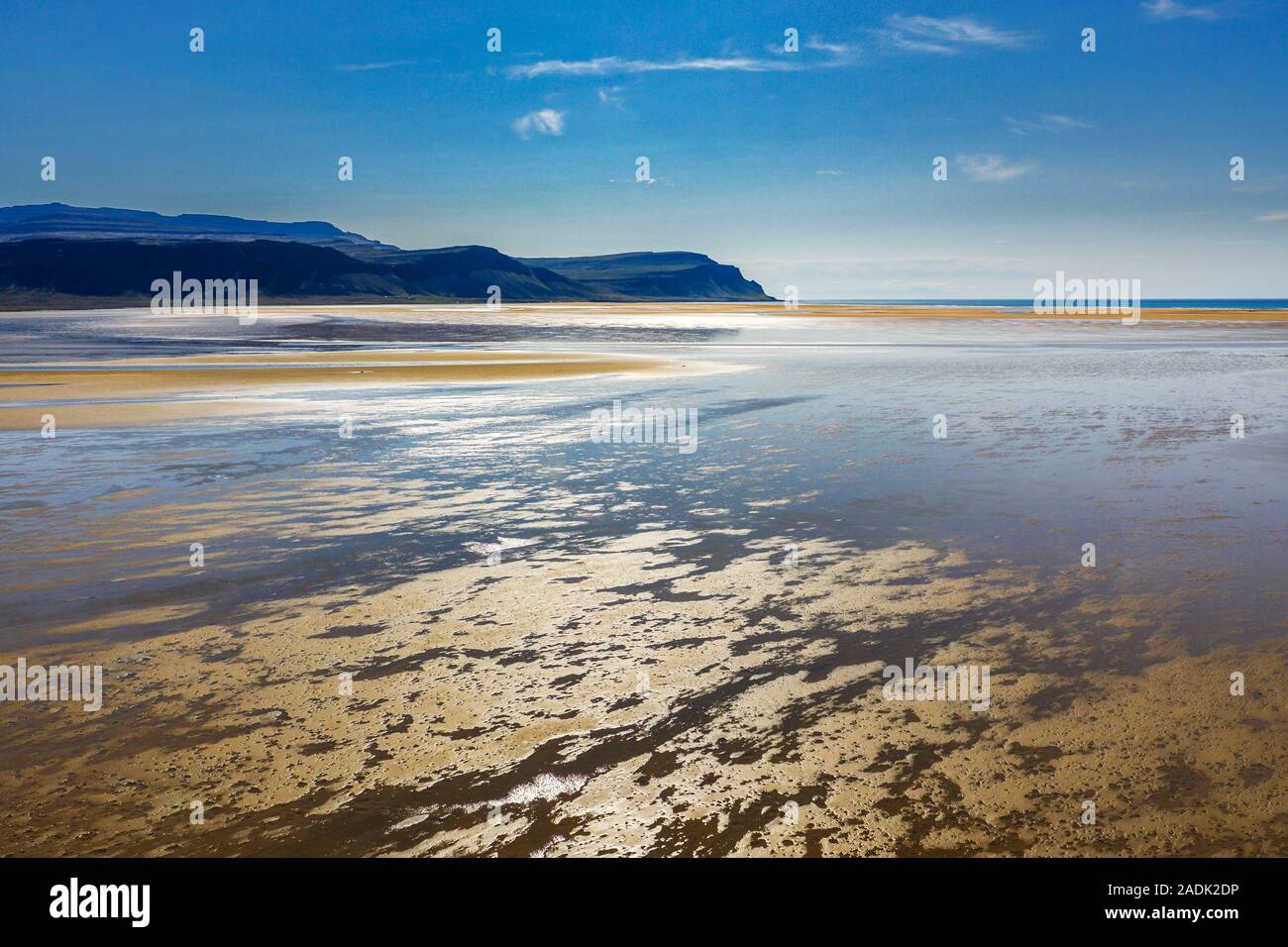 Scenario di spiaggia, Raudisandur dilavamento pianura, Westfjords, Islanda Foto Stock