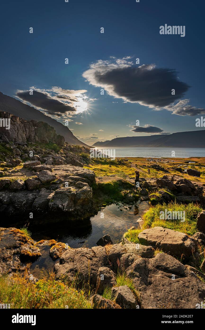 Area Dynjandi, cascate Dynjandi, Westfjords, Islanda Foto Stock