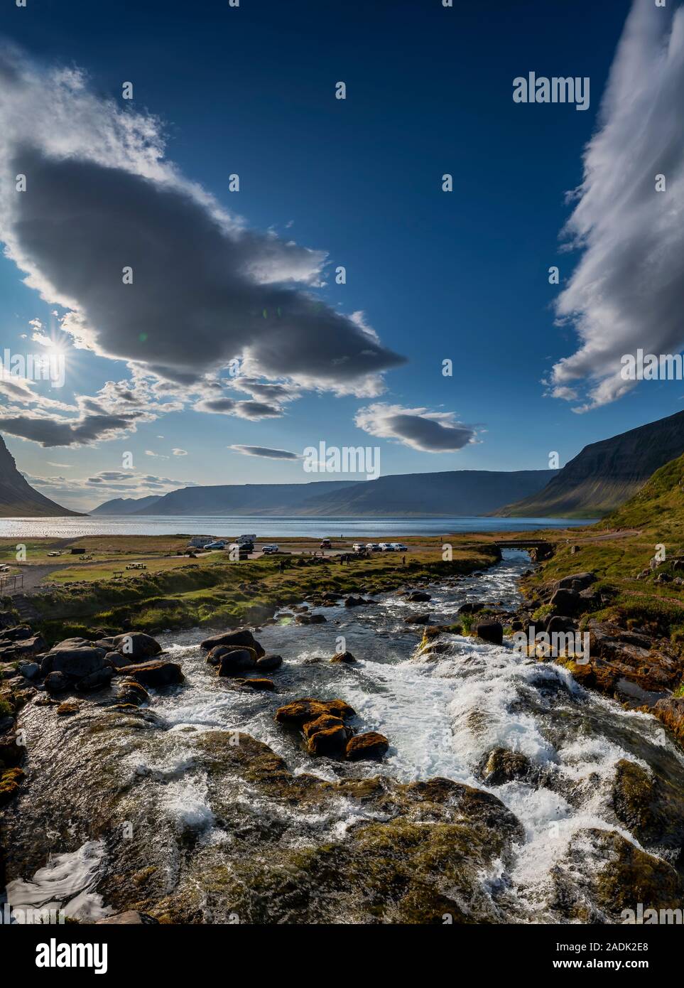 Area Dynjandi, cascate Dynjandi, Westfjords, Islanda Foto Stock