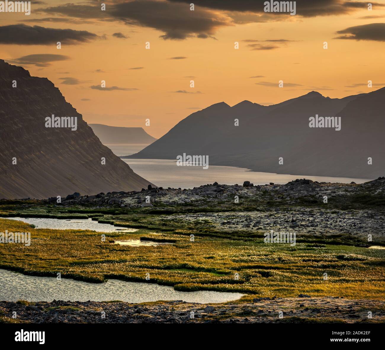 Area Dynjandi, cascate Dynjandi, Westfjords, Islanda Foto Stock