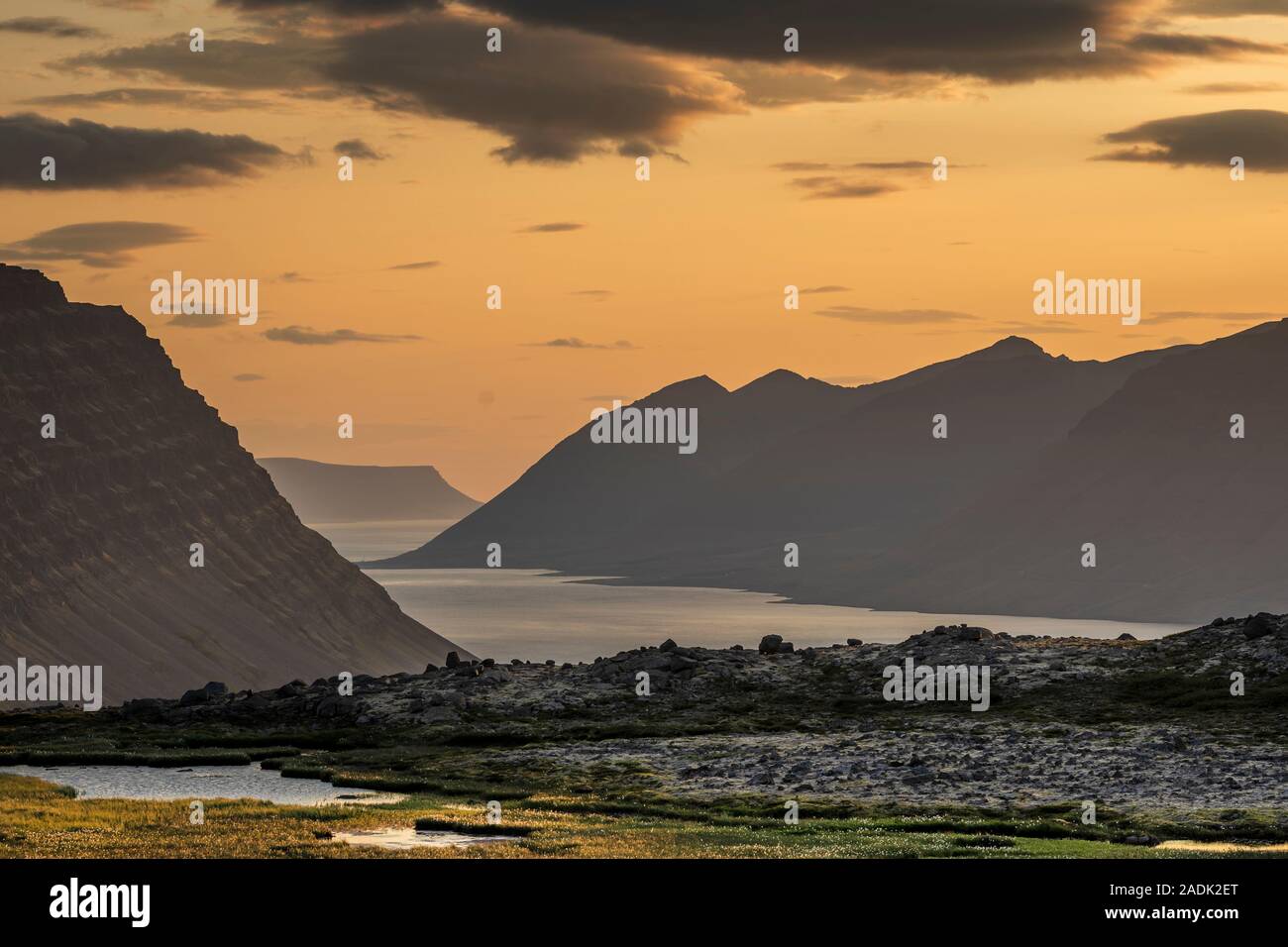 Area Dynjandi, cascate Dynjandi, Westfjords, Islanda Foto Stock