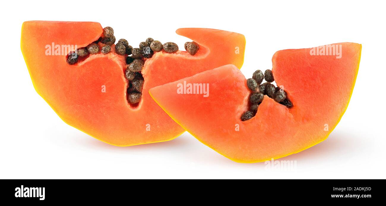 Isolati pezzi di papaia. Tagliare il Papaya frutto isolato su sfondo bianco con tracciato di ritaglio Foto Stock