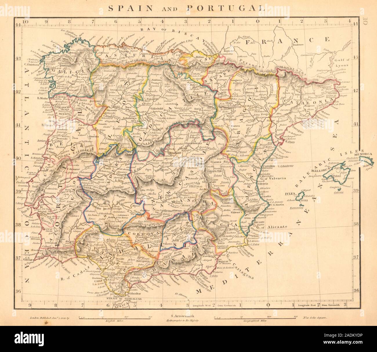 IBERIA. Spagna e Portogallo mappa generale. Province. ARROWSMITH 1828 vecchio Foto Stock