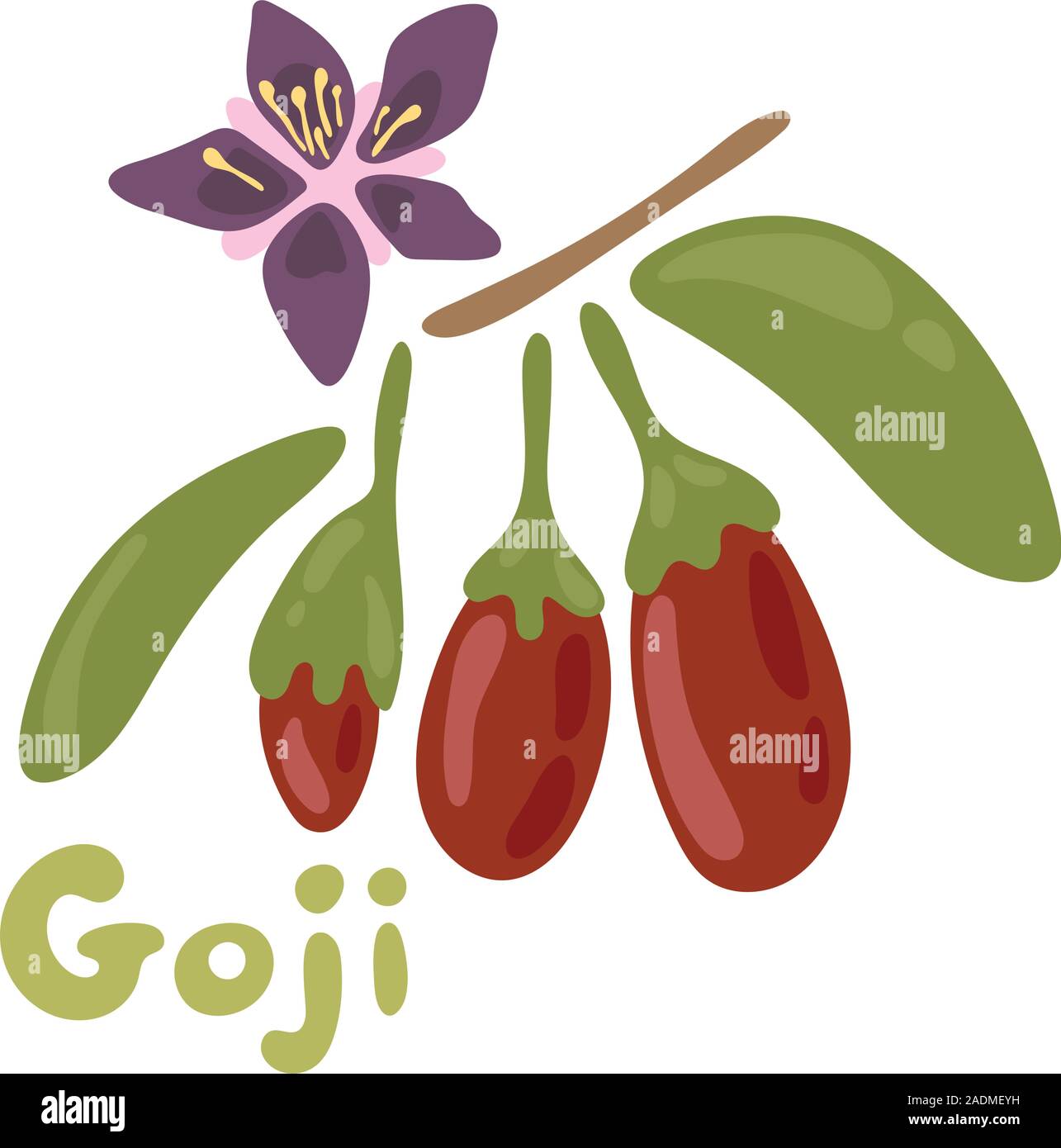 Bacche di Goji illustrazione vettoriale. Una sana detox prodotto naturale. Design piatto di alimenti biologici. Super wolfberry icona con un fiore sul banco di lavoro Illustrazione Vettoriale
