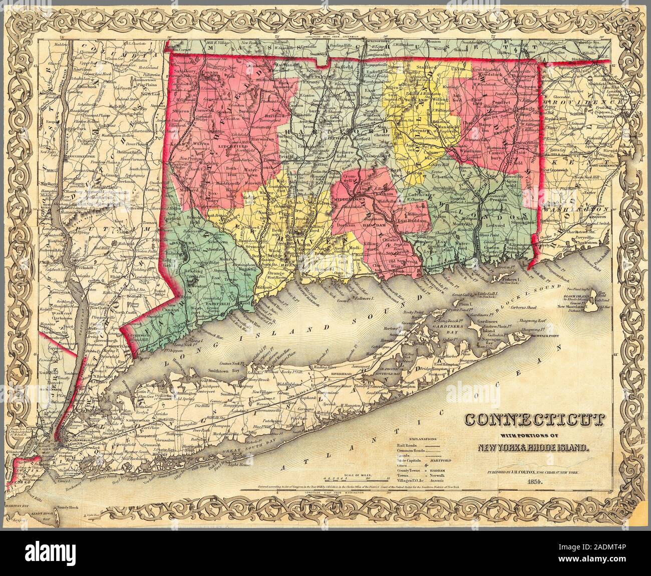 Un altamente dettagliata mappa vecchia del Connecticut con Long Island e parti di Stati limitrofi 1854. Essa mostra ferrovie e sistema di strada. Foto Stock