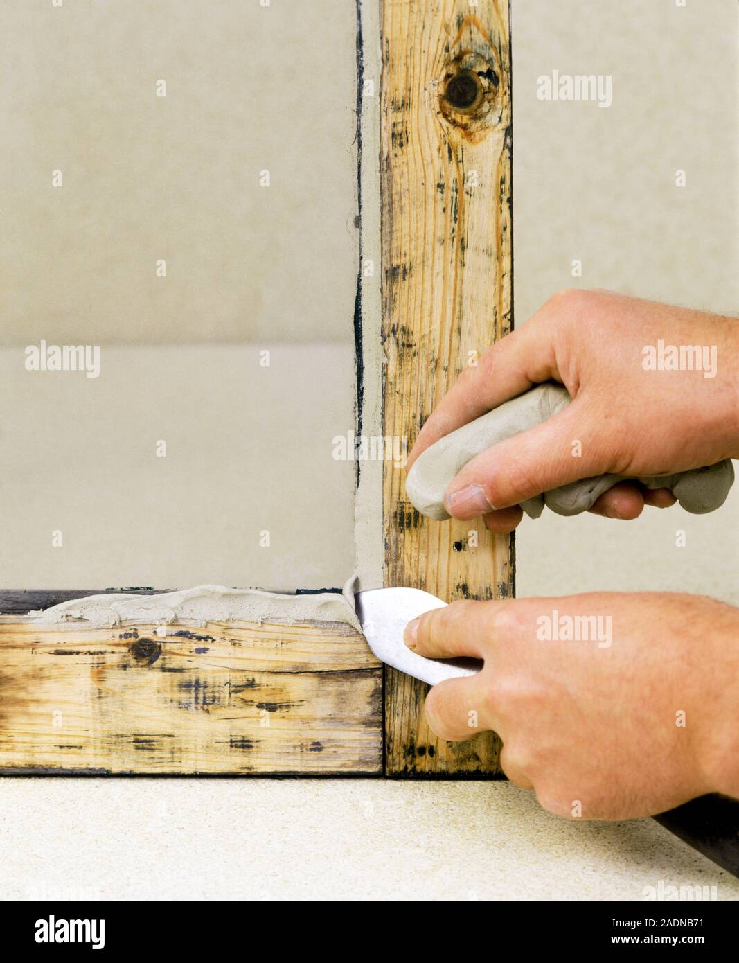 Modello rilasciato. Telaio di finestra restauro. Immagine 4 di 8. Applicazione di mastice per tenere il vetro della finestra saldamente al suo posto entro il telaio. Per una sequenza di vincere Foto Stock