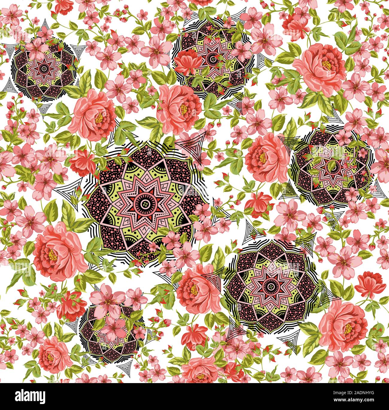 Seamless infinite le rose rosa con motivo geometrico design mandala. Tradizionali forme geometriche su sfondo bianco Illustrazione Vettoriale