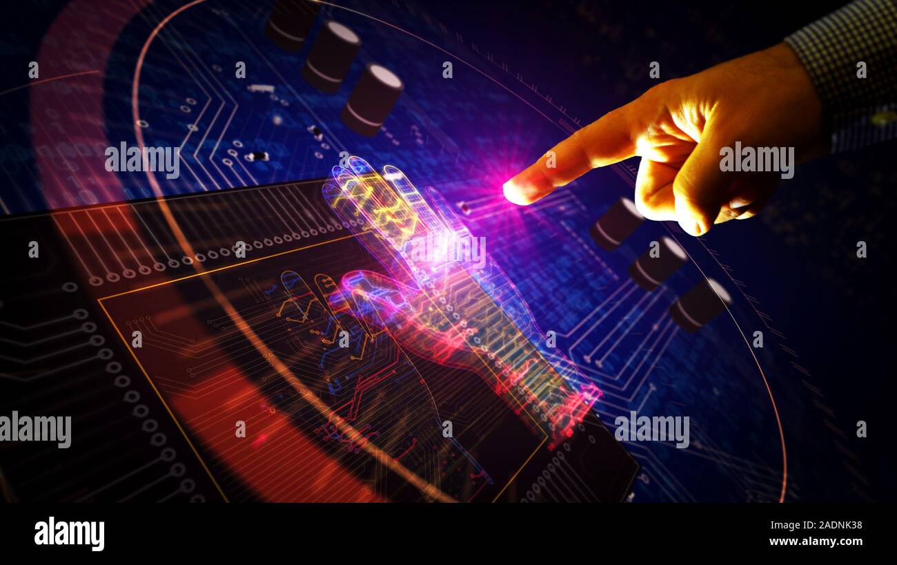 Cyber futuristico a mano il rendering 3D'illustrazione. Abstract concetto digitale di avanzata tecnologia cibernetica, robotica, dati biometrici e automazione. Mano Foto Stock